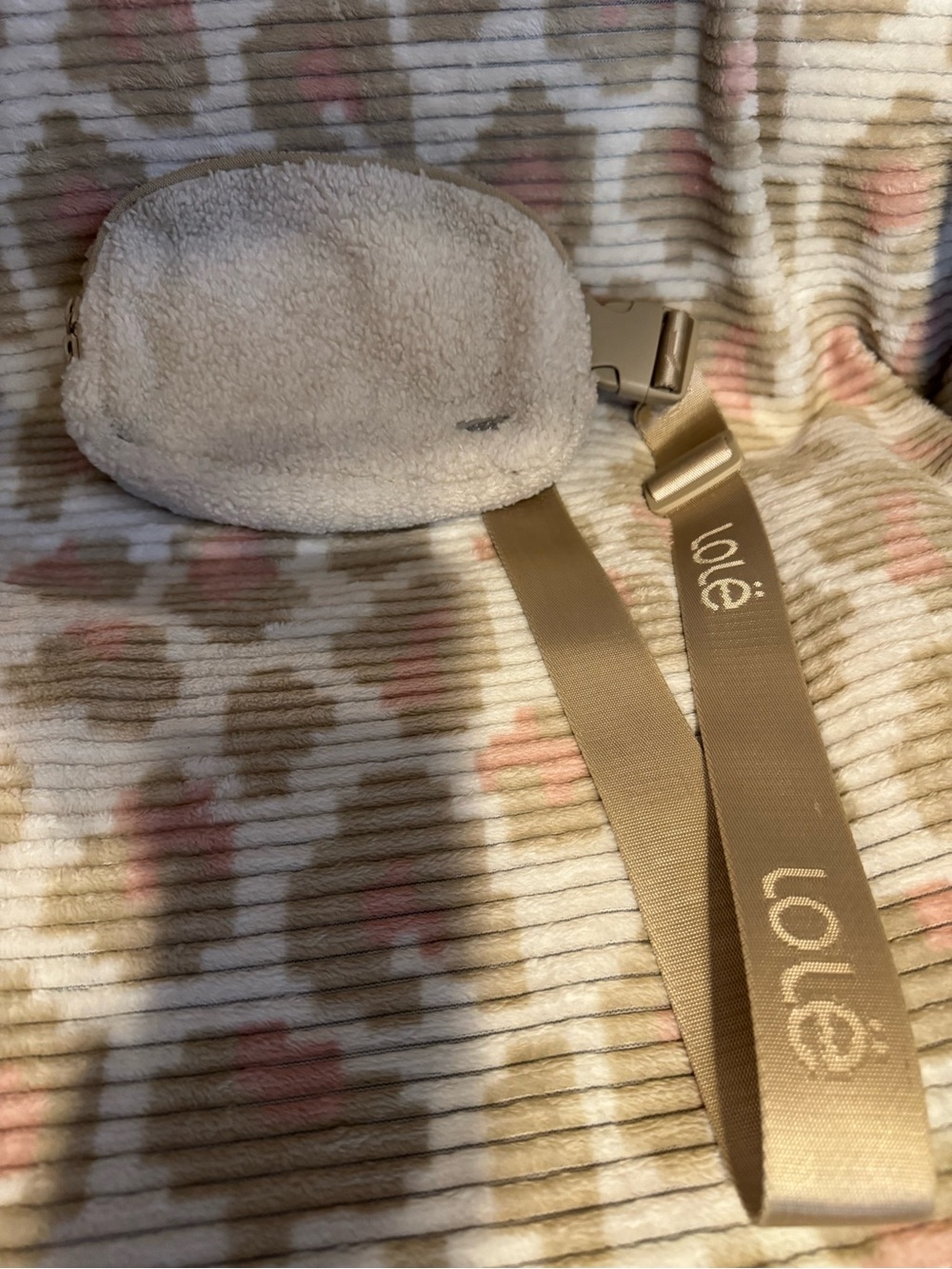 Lole Cream Sherpa Belt Bag with Tan Strap